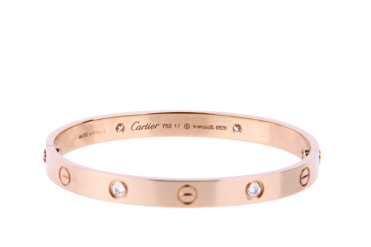 cartier(卡地亚) love系列18k玫瑰金镶四钻手镯17
