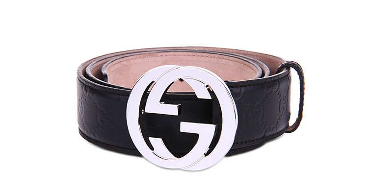 gucci(古驰) 银色双g黑色logo皮质腰带90