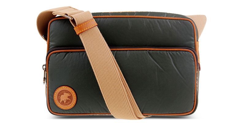 hunting world 狩猎世界 墨绿色布面棕色牛皮滚边女式单肩包